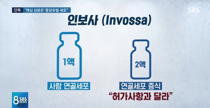 지난해 4월 3일 SBS '8뉴스'에서 방송된 '인보사, 종양 유발 위험…허가 과정 의혹' 보도. SBS 뉴스 갈무리. 