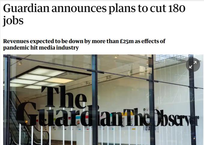 가디언은 자사 웹사이트를 통해 팬데믹 여파로 올해 매출이 2500만 파운드 이상 감소할 것으로 전망된다며 구조조정 계획을 밝혔다.  웹사이트 캡처. 